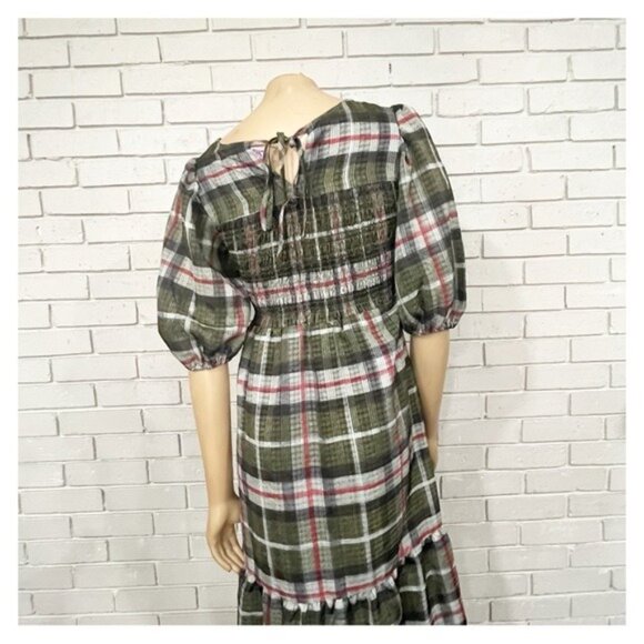 AllSaints Sadie Check Dress Puff Sleeve Hi-Low Hem | Feminine Grunge | Size 0 - Picture 2 of 7